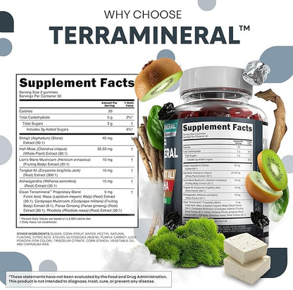 Terramineral Shilajit Gummies with Irish Sea Moss Tongkat Ali Ashwagandha Lion's Mane MACA Panax Ginseng Rhodiola & Cordyceps by Clean Nutra (1)
