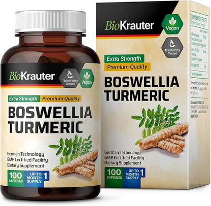 BIO KRAUTER® Turmeric Curcumin Supplement with Boswellia for Joint Support - Vegan Turmeric with Black Pepper & Boswellia Extract 100 Capsules, 33 Days of Supply, Non-GMO - Natural Digestive Support