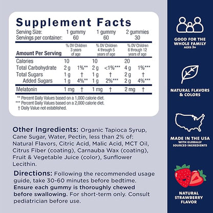 Mommy's Bliss Kids Sleep Melatonin Gummies, No Artificial Colors, Flavors or Gelatin, Strawberry Flavor Children's Melatonin Gummies, Age 3+, 60 Count