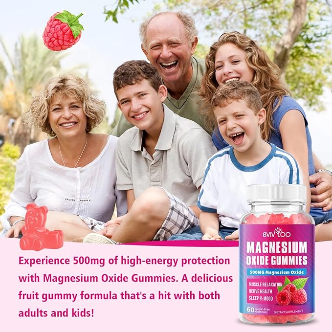 2 Pack Magnesium Oxide 500mg Gummies for Vegan Sugar-Free Raspberry Flavor, Muscle Recovery, Nerve Health & Relaxation, 120 Gummies (Non-GMO, Gluten & Allergen Free)