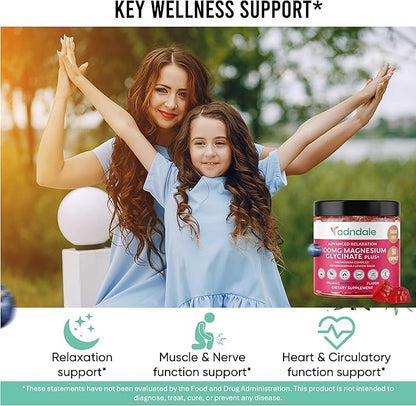 Adndale 90 CT Magnesium Glycinate 400 mg Gummies with Ashwagandha, Magnesium Malate & Taurate, Sugar Free Magnesium Gummies for Adults & Kids.