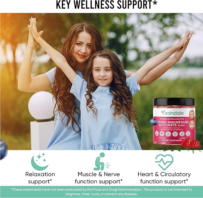 Adndale 180 CT Magnesium Glycinate Gummies 400 mg/Serv with Ashwagandha, Magnesium Malate & Taurate, Sugar Free Chews for Adults & Kids