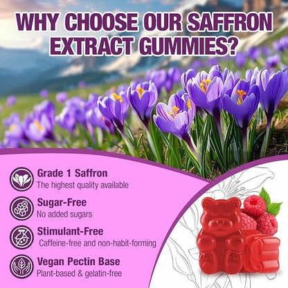 Saffron Gummies (88.5 mg) with Magnesium — Enhanced with St. John’s Wort, Rhodiola, Ashwagandha & Vitamins B6, B12, D3 for Mood & Focus Support — 120 Count