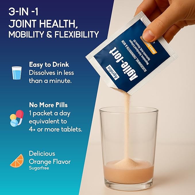 Agile Fort Joint Support Supplement – Glucosamine, Chondroitin, MSM, Type II Collagen & Magnesium – 30 Sachets for Joint & Cartilage Health for Women and Men