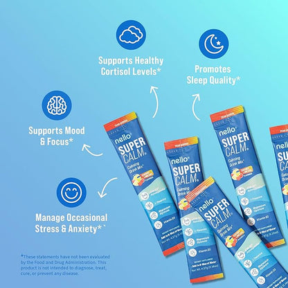 Nello Supercalm Powdered Drink Mix, Cortisol Reducer* and Sleep Aid Supplement, L Theanine, Ksm-66 Ashwagandha, Magnesium Glycinate, Vitamin D 3, No Sugar, Non GMO, On The Go, 20 Ct, Cherry Limeade