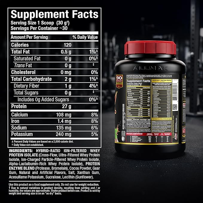 ALLMAX ISOFLEX Pure Whey Isolate Protein Powder - Gluten Free, Low Lactose, Sugar-Free - High-Protein, Clean, Keto-Friendly for Pre Post Workout Supplement for Women and Men | Chocolate Mint, 2lb