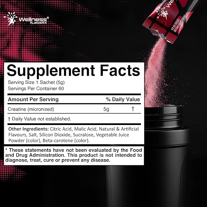 WELLNESS LABSRX Creatine Monohydrate Powder Sachets 300g – Fruit Punch Flavor Micronized Creatine Powder Supplement, Creatine for Women and Men, Supports Strength, Energy, Performance - 60 Servings