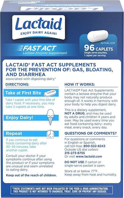 Lactaid Fast Act Lactose Intolerance Caplets with Lactase Enzyme, Dairy Relief from Gas, Bloating & Diarrhea, 9000 FCC Lactose Intolerance Pills, 96 Individual Travel On-The-Go Packs (96 x 1 ct)