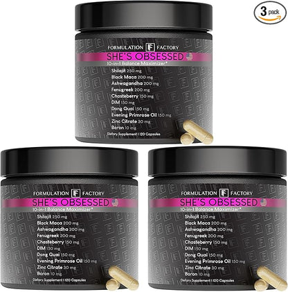 Formulation Factory She's Obsessed: 10-in-1 Hormone Balance Maximizer with Shilajit, Maca, Ashwagandha, DIM, Dong Quai, Zinc & More for Vitality & Balance 360 Count (Pack of 3)