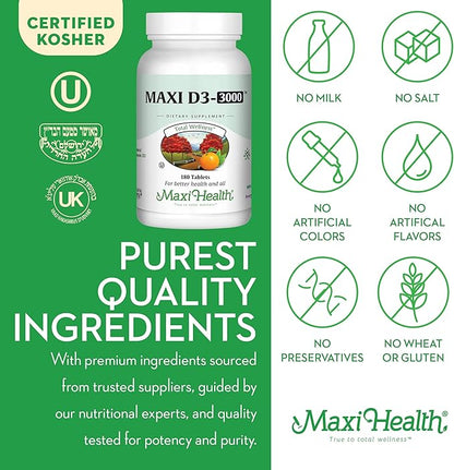 Maxi Health Vitamin D3 3000 IU 75 mcg Vitamin D Supplement for Healthy Bones, Teeth, Immune Support - VIT D3 Supplement Easy to Swallow Non-GMO, Supplement for Men and Women – Kosher (180 Tablets)