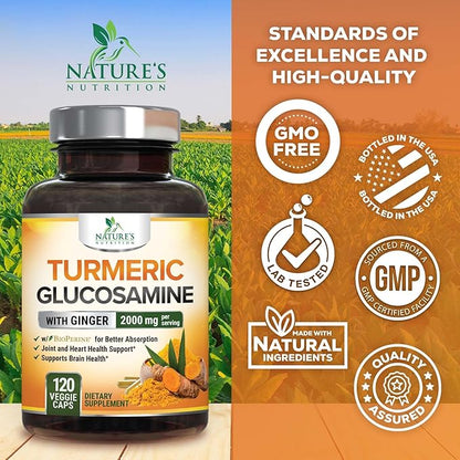 Turmeric Curcumin Supplement - 95% Curcuminoids with Glucosamine, Ginger & MSM, BioPerine Black Pepper Extract for Best Absorption, Natural Vegan Joint Support, Non-GMO, Bottled in USA - 120 Capsules