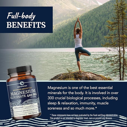 Magnesium Glycinate 400mg | High Absorption Formula for Sleep, Calm, Muscle Relaxation, Heart, Bone & Nerve Support for Women & Men | Chelated Magnesium Glycinate Supplement | 120 Ct (2 Month Supply)