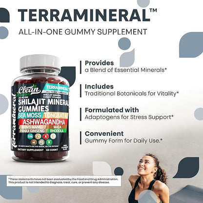 Terramineral Shilajit Gummies with Irish Sea Moss Tongkat Ali Ashwagandha Lion's Mane MACA Panax Ginseng Rhodiola & Cordyceps by Clean Nutra (1)