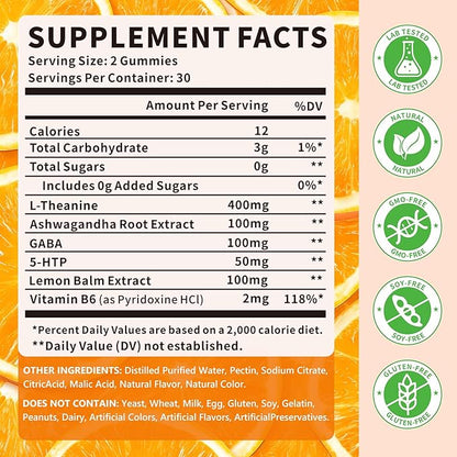 L-Theanine Gummies, Chewable L-Theanine Supplement for Adults & Kids 400mg with Ashwagandha, GABA, 5HTP for Relax, Zzz & Focus Support, Orange Flavor, 60 Counts