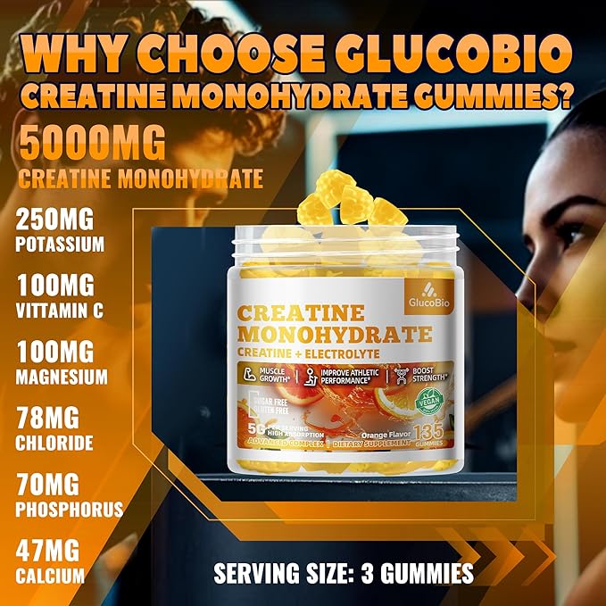 Creatine Monohydrate Gummies (5g) – Pre-Workout Energy & Muscle Growth Support for Men & Women | Orange Electrolyte Gummies (135 Count)