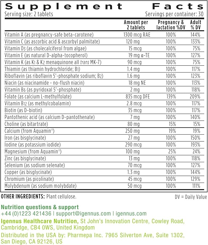 Igennus Methylated Prenatal Multivitamin for Women, Folate for MTHFR, High Absorption, Pure & Clean, Gentle Iron, Choline, Calcium & Magnesium, Vegan Pregnancy Vitamins, Halal, Non-GMO, 60 Tablets