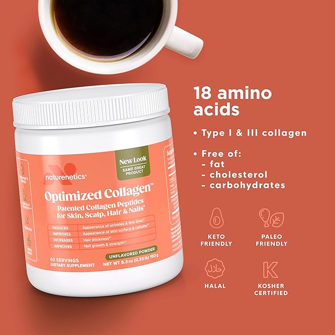 Naturenetics Hair, Skin & Nails Collagen Peptides – Supports Skin Hydration & Hair Strength – Bioavailable Hydrolyzed Collagen – Unflavored, Easy to Mix – Paleo & Keto-Friendly – 60 Servings*