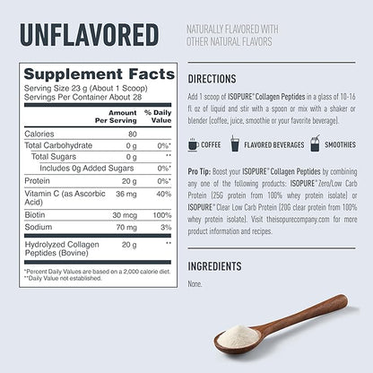 Isopure Collagen Peptides Powder, Promotes Hair, Nail, Skin and Joint Health, with Vitamin C and Biotin, Unflavored, 20g Collagen Peptides Per Serving, 1.42 Lb, 28 Servings (Packaging May Vary)