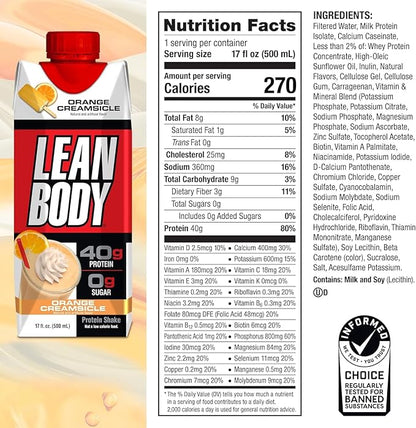 LABRADA Lean Body Ready-to-Drink Orange Creamsicle Protein Shake, 40g Protein, Whey Blend, 0 Sugar, Gluten Free, 22 Vitamins & Minerals, 17 Fl Oz (Pack of 12)