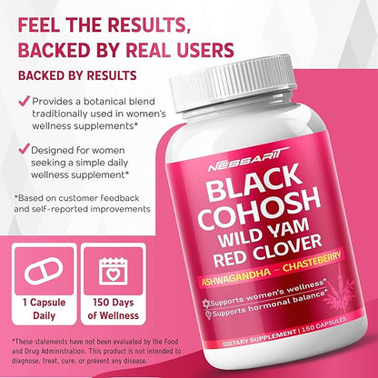 Black Cohosh 9,600mg* – Hormonal Balance Support with Wild Yam, Red Clover, Ashwagandha, Chasteberry & More – 150 Capsules
