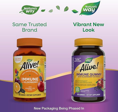 Nature's Way Alive! Immune Support* Gummies with Elderberry Extract, Vitamins C & D3, Zinc, No Gluten, Grape & Cherry Flavored, 90 Vegetarian Gummies (Packaging May Vary)