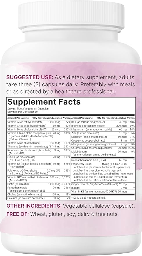Micro Ingredients Pure Methylated Prenatal Vitamins for Women, 240 Veggie Capsules | 38-in-1 with DHA, Choline, Probiotics, Inositol, & Vitamin C, D, B Complex + Methylfolate, & Iron | No Fillers
