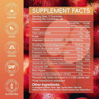 Magnesium Glycinate Gummies 600mg High Absorption, Magnesium Glycinate for Women and Men with Vitamin D, B6, and CoQ10 for Adults & Kids, Magnesium Supplement for Calm Support & Sleep, 120 Count