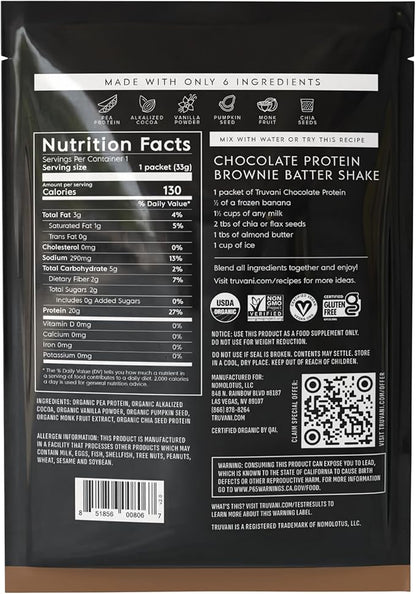Truvani Vegan Pea Protein Powder | Chocolate | 20g Organic Plant Based Protein | 1 Serving | Keto | Gluten & Dairy Free | Low Carb | No Added Sugar