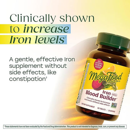 MegaFood Blood Builder Iron Supplement for Women & Men - Increase Iron Levels Without Side Effects - Combats Fatigue - Vitamin B12, Folic Acid & Vitamin C - Vegan - 72 Mini Tablets (36 Servings)