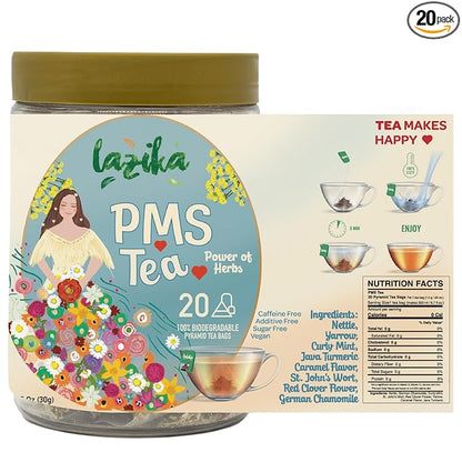 Lazika PMS Tea for Hormone Balance, Herbal Tea for Healthy Menstural Cycle, 20 Pyramid Teabags, Period Relief and PMS Support for Women, Caffeine Free, Chamomile, Fennel