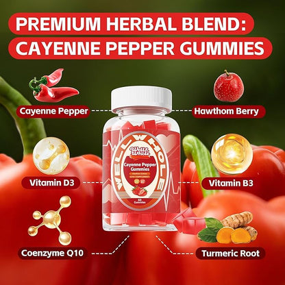 Cayenne Pepper Extract Gummies with Hawthorn, CoQ10, Turmeric, Niacin and Vitamin D3 - Support for Cardiovascular Health, Energy and Vitality - Vegan & Non-GMO - 60 Gummies