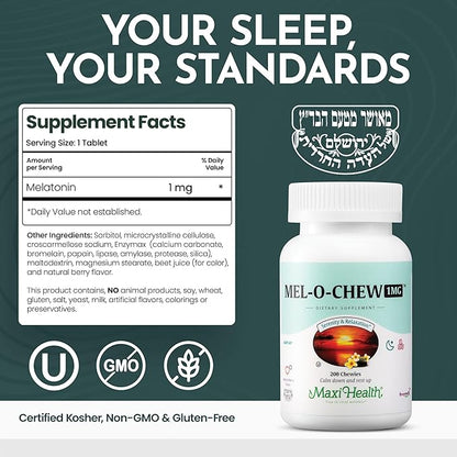 Maxi Health Melatonin 1mg Chewable - Sleep aid Melatonin to Encourage Natural Sleep – Non-Habit Forming Supplement with Enzymax for Fast-Acting Support Kosher (200 Units)