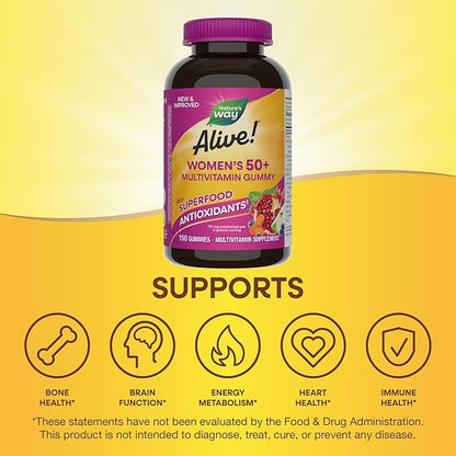 Nature's Way Alive! Women's 50+ Daily Gummy Multivitamins, Women's Supplements, Supports Healthy Heart, Brain & Bones,* B-Vitamins, Mixed Berry Flavored, 150 Gummies (Packaging May Vary), (Pack of 2)
