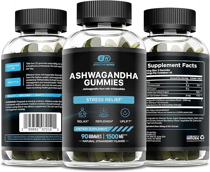 Effective Nutra Ashwagandha Gummies 1500mg – Extra Strength Stress & Sleep Support – 45-Day Supply, Just 2 Gummies Daily – Vegan, Non-GMO, Third-Party Tested – Made in USA (90ct)