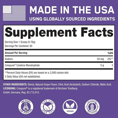SteelFit Creapure Pure Creatine Monohydrate Powder for Men & Women, Grape - Flavored Creatine Gym Workout Supplements for Lean Muscle Gain, Brain Health & Strength Building - 30 Servings
