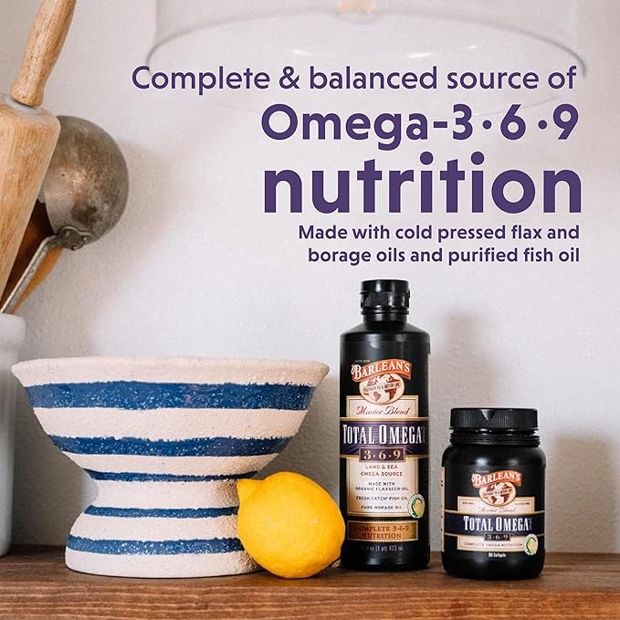 Barlean's Total Omega 3 6 9 Softgels, Blended Fish Oil Supplement with Borage and Flaxseed Oil, 1,000 mg Omegas ALA, EPA, DHA and GLA for Joint Support Supplements and Heart Health, 90 Count