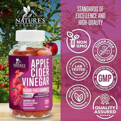 Apple Cider Vinegar Gummies 1000mg per Serving - Sugar Free Max Strength ACV Gummy Vitamins Supplement, Advanced Formula, Vitamin B12 Supports Metabolism & Energy, Keto Friendly, Vegan, 120 Gummies