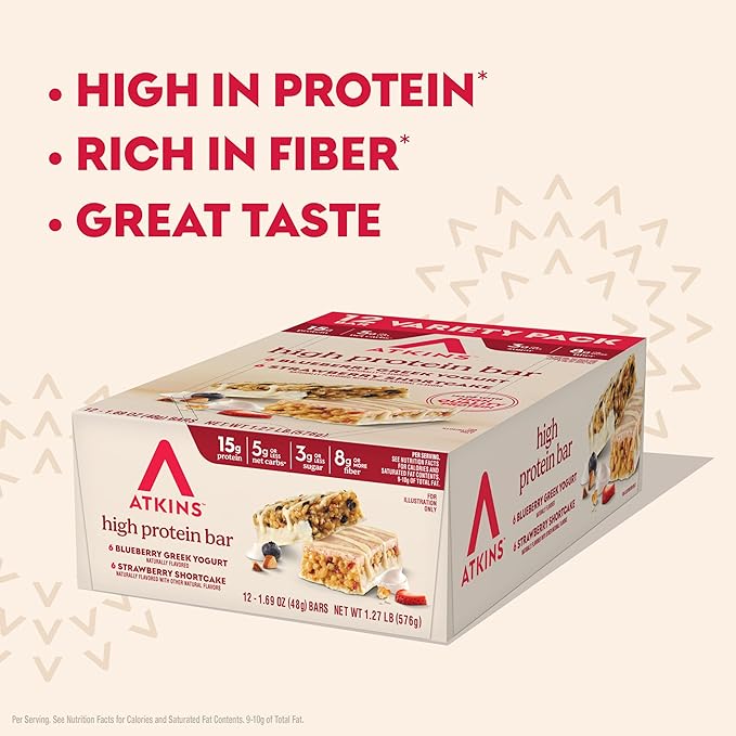 Atkins Blueberry Greek Yogurt & Strawberry Shortcake High Protein Bar, High Fiber, Keto Friendly, 12 Count (6 Bars Each Flavor)