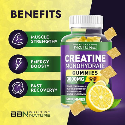 Built by Nature Sugar Free Creatine Monohydrate Gummy for Men and Women – Muscle Strength & Energy Boost Pre Workout - Natural Lemon Flavor - 120 Gummies