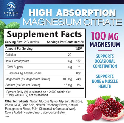 Magnesium Citrate Gummy - High Absorption Magnesium Gummies for Adults & Kids - Enhanced Bioavailability Form Mag Citrate Supplement - Improved Vegan Formula - Delicious Raspberry Flavor - 60 Gummies