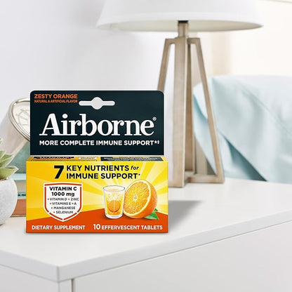 Airborne Immune Support Effervescent Tablets, Zesty Orange Flavor - 10ct with 1000mg Vitamin C + Vitamins A, D, E, Zinc, Selenium, Manganese & Herbal Blend - Sugar‑Free, Gluten‑Free