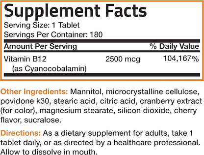 Vitamin B12 2500mcg Shot Of Energy Fast Dissolve Chewable Tablets - Quick Release Cherry Flavored Sublingual B12 Vitamin - Supports Nervous System, Healthy Brain Function Energy Production – 180 Count
