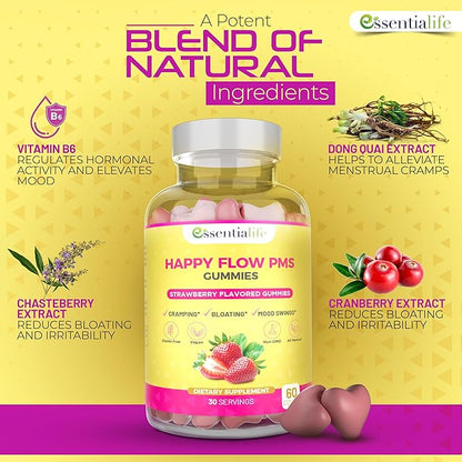 PMS Gummies - Happy Flow PMS Support Supplement for Women - Strawberry PMS Relief Supplement with Vitamin B6 for Hormone Balance, Period Support, Cramps, Hormonal Acne & Bloating Relief (60 Count)