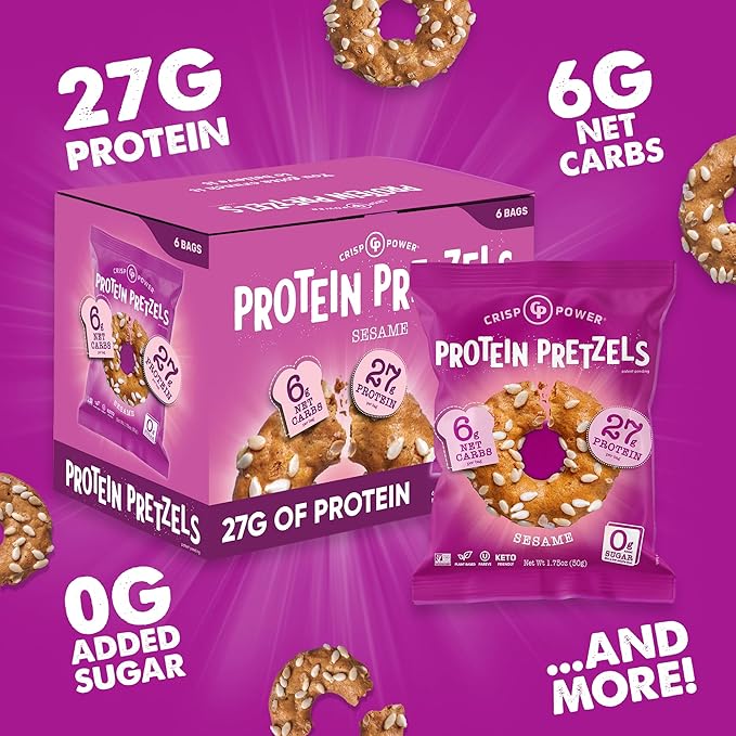 CRISP POWER Protein Pretzels, Sesame, 27G Protein, High Protein Snack, High Fiber, Low Carb Crunchy Pretzel Snacks, No Added Sugar, 1.75 oz Bags, 24 Pack, Vegan, Keto
