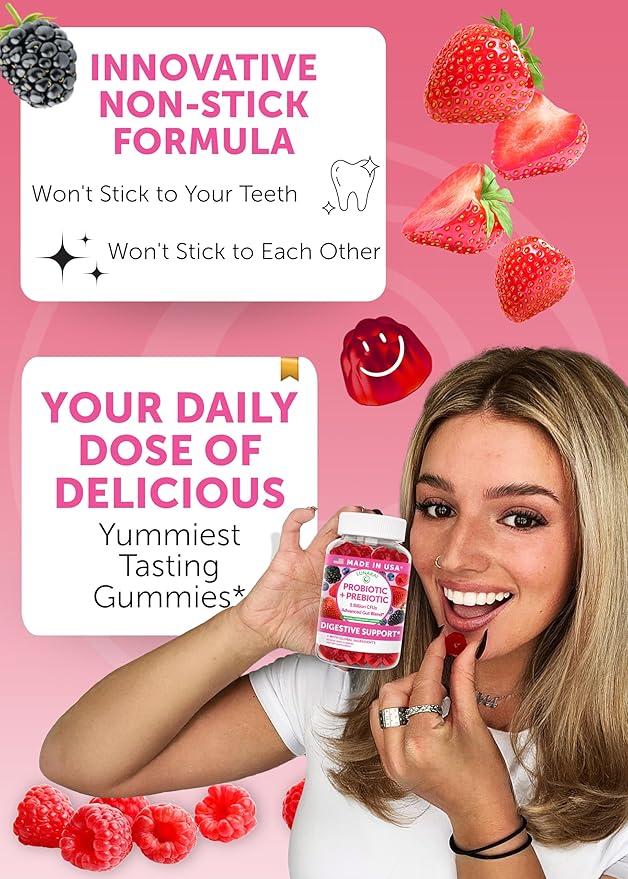 Lunakai USA Made Prebiotic + Probiotic Gummies for Women and Men - High Potency 5 Billion CFUs with Fibers - Non-GMO Gut Health Support 60ct