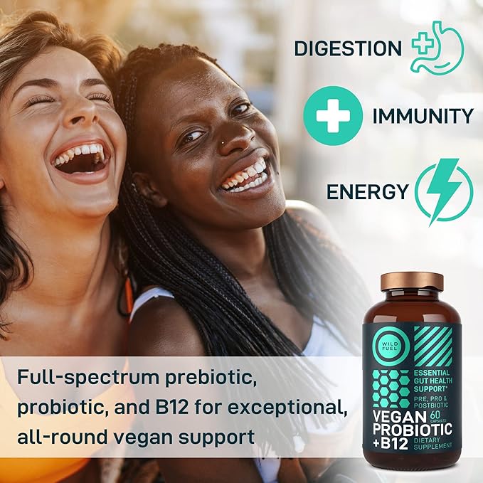 Vegan Probiotic Plus B12 & FOS - 22 Billion CFU Synbiotics Prebiotics and Probiotics for Digestive Health, IBS, Mood Support - B12 Pre Pro Post Biotics for Women & Men - 60 Gluten-Free Capsules