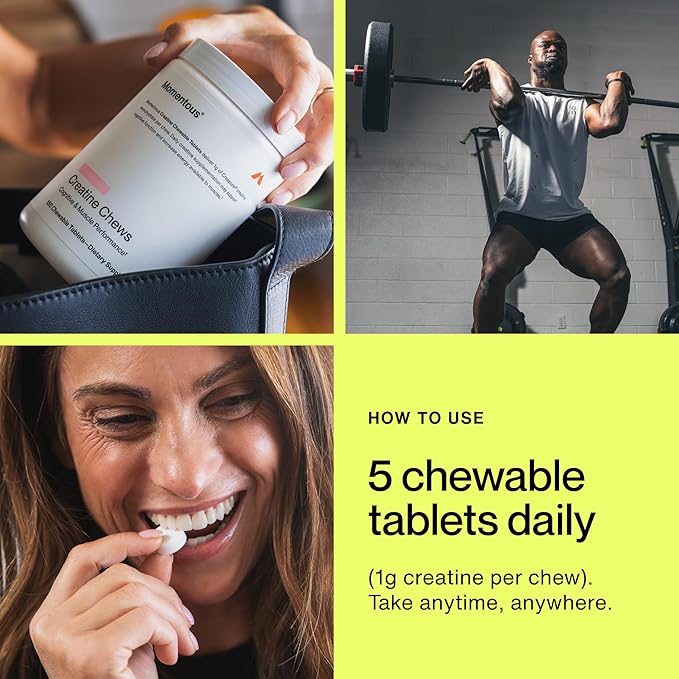 Momentous Creatine Chews - Creatine Monohydrate - Supports Strength, Lean Muscle, & Recovery for Men & Women - NSF Certified for Sport - 150 Chewable Tablets - Strawberry