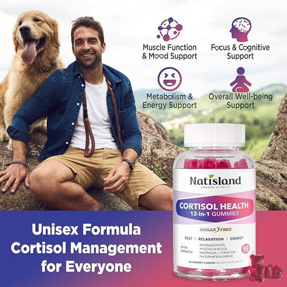Cortisol Gummies, 12-in-1 Cortisol Reducer, with Magnesium Glycinate, Ashwagandha, L-Theanine, Phosphatidylserine, Vitamin B6 & D3, Rhodiola Rosea, for Men & Women, Sugar-Free, Vegan, NON-GMO, 60CT
