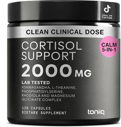 Cortisol Supplement for Women and Men — Calm, Balanced-Strength 5-in-1 Non-Drowsy, Third-Party Tested with Magnesium Glycinate, Ashwagandha, L-Theanine, Phosphatidylserine, Rhodiola — 120 Capsules