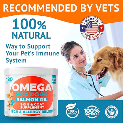 Omega 3 Fish Oil for Dogs (180 Ct) - Skin & Coat Chews - Dry & Itchy Skin Relief + Allergy Support - Shiny Coats - EPA&DHA Fatty Acids - Natural Salmon Oil Chews Promotes Heart, Hip & Joint Support